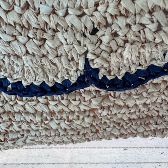 Vintage Raffia Straw Clutch Shoulder Bag Navy Scalloped Trim Coastal Beach - Picture 3 of 6